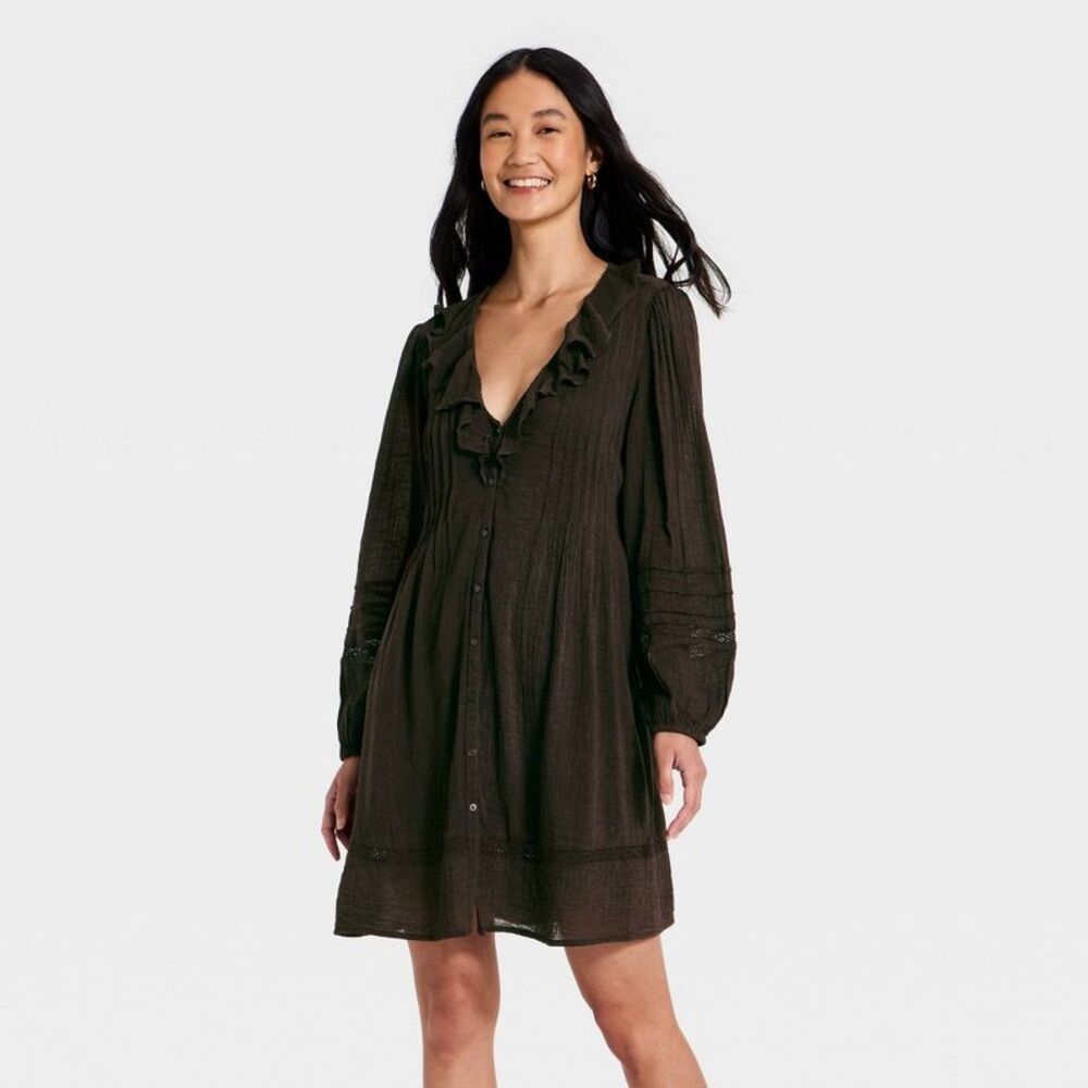 Women's Long Sleeve Ruffle Mini Dress - Universal Thread Brown L
